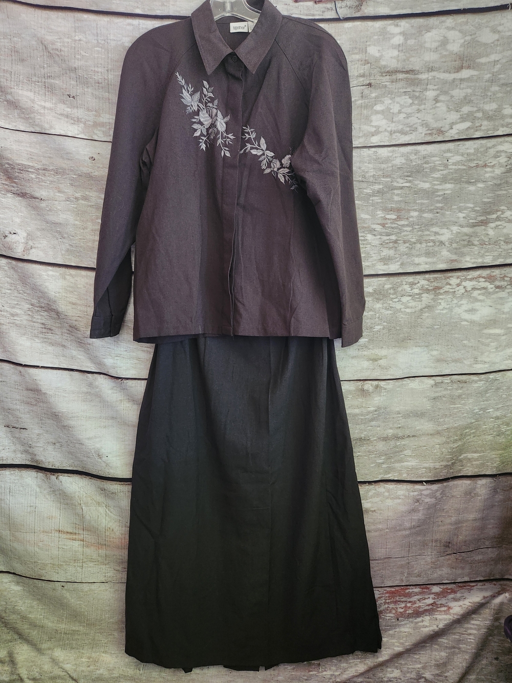 Vintage Together Black Maxi Skirt and Black Jacket Set with Floral Embroidery